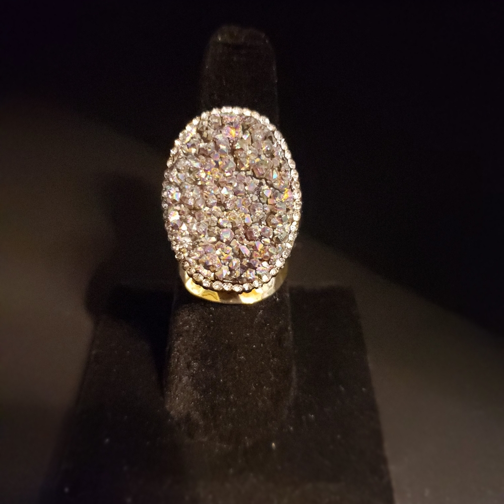 WIDE CIGAR BAND AGATE TITANIUM DRUZY CZ PAVE RING GOLD PLATED